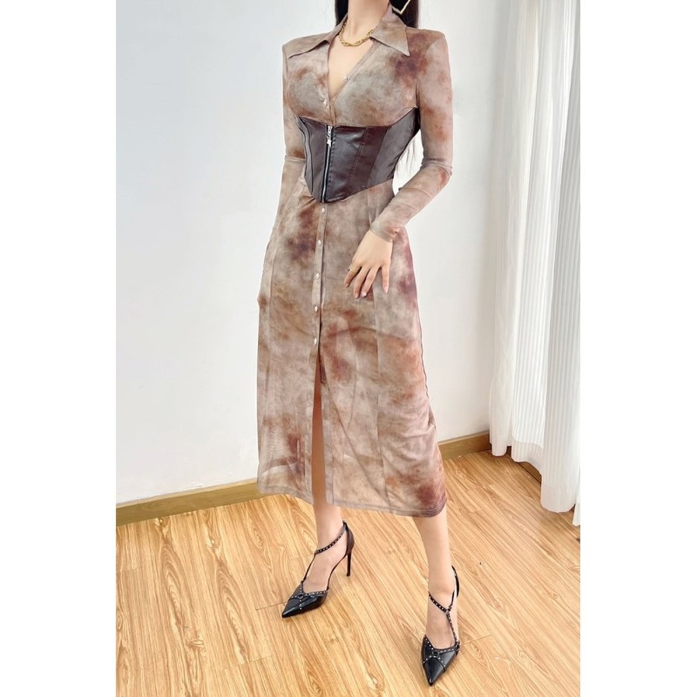 La' Ros Brown Tie Dye Mesh Midi Dress Faux Leather Corset Waist Long Sleeve NEW